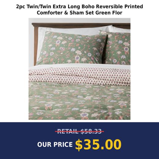 2pc Twin/Twin Extra Long Boho Reversible Printed Comforter & Sham Set Green Flor
