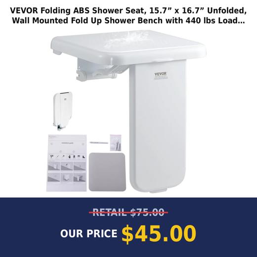 VEVOR Folding ABS Shower Seat, 15.7” x 16.7” Unfolded, Wall Mounted Fold Up Shower Bench with 440 lbs Load Capacity