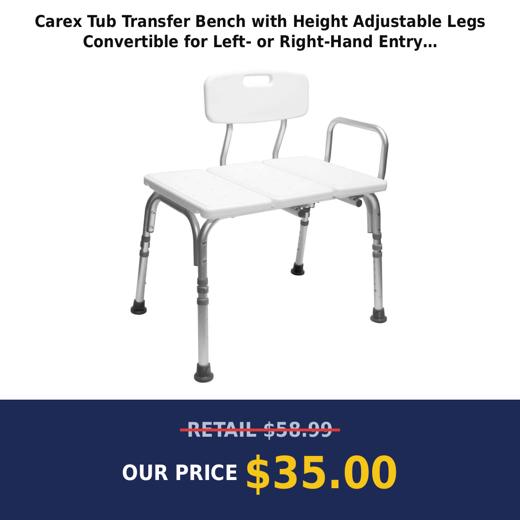 Carex Tub Transfer Bench with Height Adjustable Legs  Convertible for Left- or Right-Hand Entry
