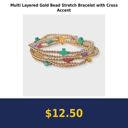 Multi Layered Gold Bead Stretch Bracelet with Cross Accent