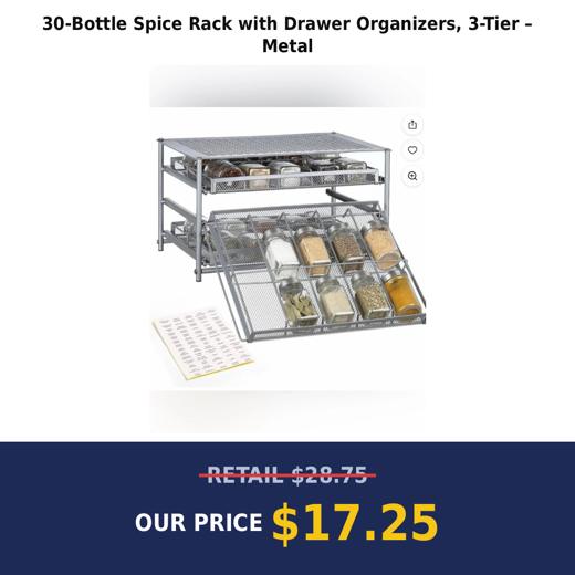 30-Bottle Spice Rack with Drawer Organizers, 3-Tier – Metal