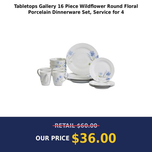 Tabletops Gallery 16 Piece Wildflower Round Floral Porcelain Dinnerware Set, Service for 4