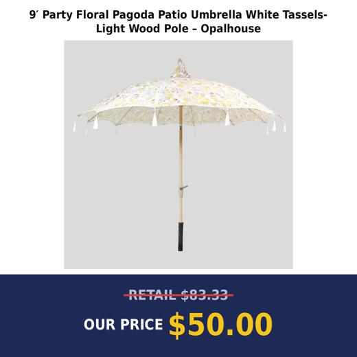 9′ Party Floral Pagoda Patio Umbrella White Tassels- Light Wood Pole – Opalhouse