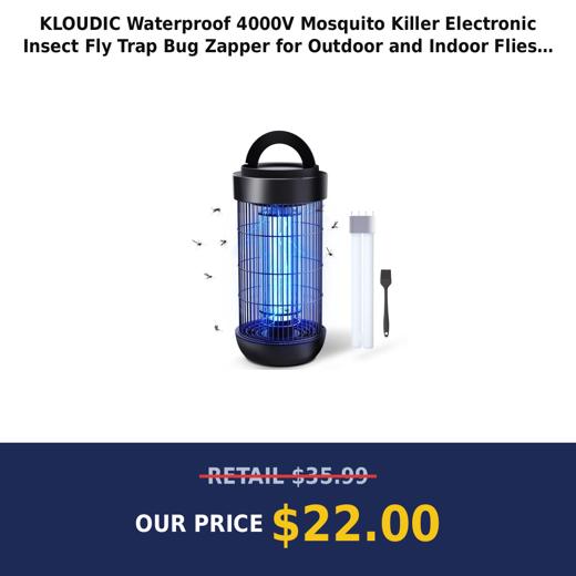KLOUDIC Waterproof 4000V Mosquito Killer Electronic Insect Fly Trap Bug Zapper for Outdoor and Indoor Flies Mosquitoes and Gnats