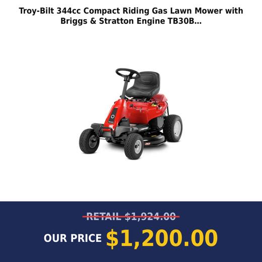 Troy-Bilt 344cc Compact Riding Gas Lawn Mower with Briggs & Stratton Engine TB30B