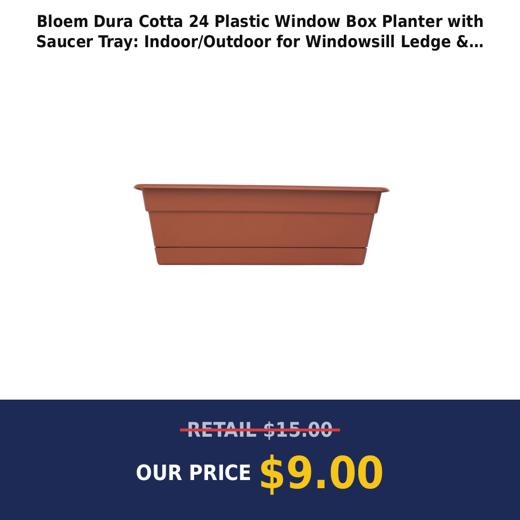 Bloem Dura Cotta 24  Plastic Window Box Planter with Saucer Tray: Indoor/Outdoor  for Windowsill  Ledge  & Tabletop  Terra Cotta