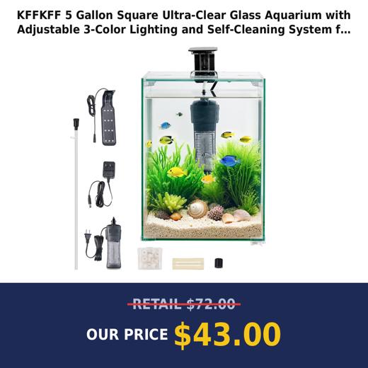 KFFKFF 5 Gallon Square Ultra-Clear Glass Aquarium with Adjustable 3-Color Lighting and Self-Cleaning System for Freshwater and Saltwater Fish