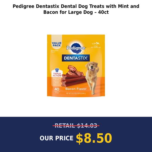 Pedigree Dentastix Dental Dog Treats with Mint and Bacon for Large Dog – 40ct
