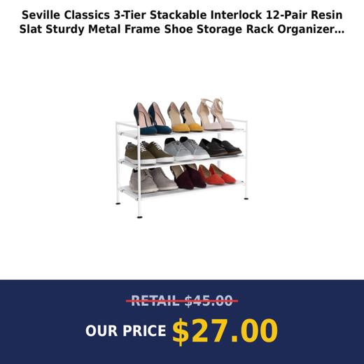 Seville Classics 3-Tier Stackable Interlock 12-Pair Resin Slat Sturdy Metal Frame Shoe Storage Rack Organizer White Slat