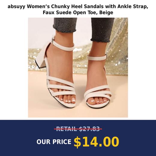 absuyy Women’s Chunky Heel Sandals with Ankle Strap, Faux Suede Open Toe, Beige