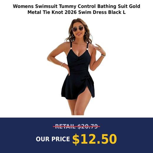 Womens Swimsuit Tummy Control Bathing Suit Gold Metal Tie Knot 2026 Swim Dress Black L