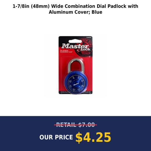 1-7/8in (48mm) Wide Combination Dial Padlock with Aluminum Cover; Blue