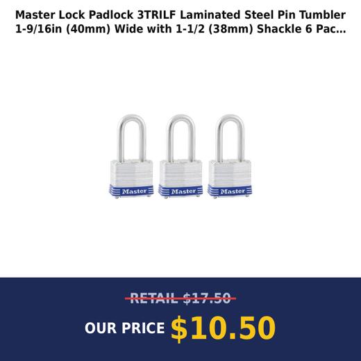 Master Lock Padlock 3TRILF Laminated Steel Pin Tumbler  1-9/16in (40mm) Wide with 1-1/2 (38mm) Shackle  6 Pack