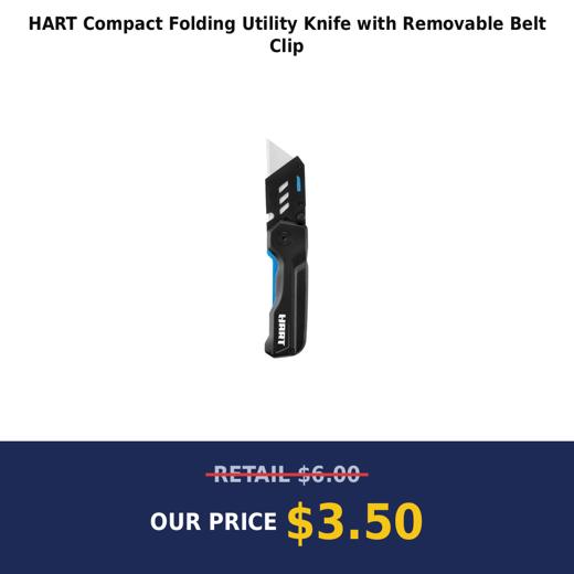 HART Compact Folding Utility Knife with Removable Belt Clip