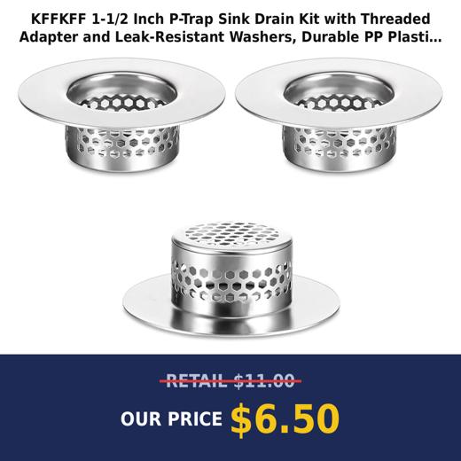 KFFKFF 1-1/2 Inch P-Trap Sink Drain Kit with Threaded Adapter and Leak-Resistant Washers, Durable PP Plastic Basin Waste