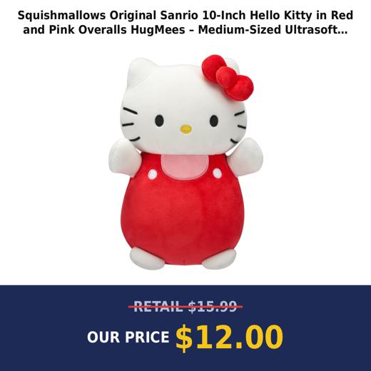 Squishmallows Original Sanrio 10-Inch Hello Kitty in Red and Pink Overalls HugMees – Medium-Sized Ultrasoft Official Jaz