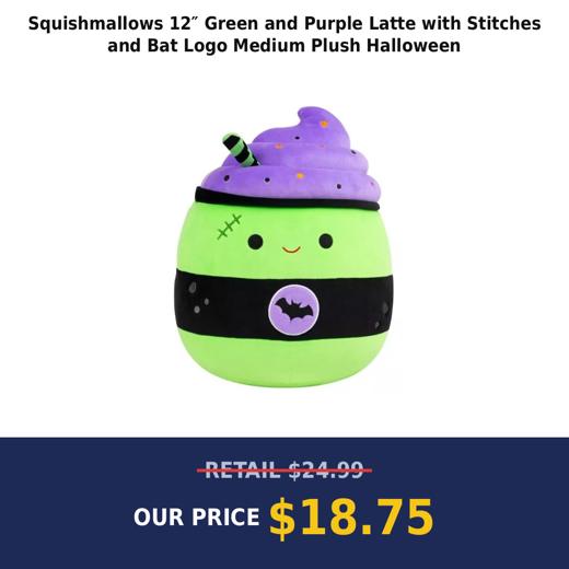 Squishmallows 12″ Green and Purple Latte with Stitches and Bat Logo Medium Plush Halloween