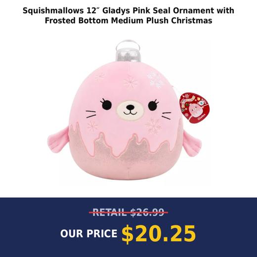 Squishmallows 12″ Gladys Pink Seal Ornament with Frosted Bottom Medium Plush Christmas