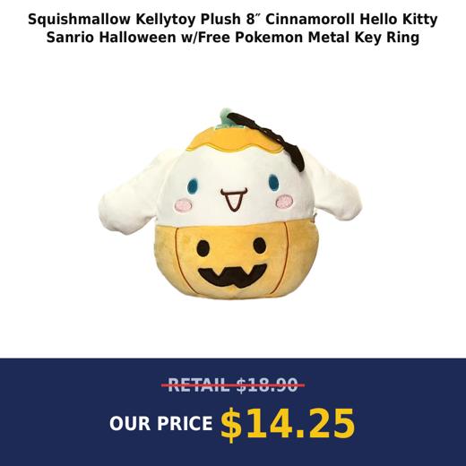 Squishmallow Kellytoy Plush 8″ Cinnamoroll Hello Kitty Sanrio Halloween w/Free Pokemon Metal Key Ring