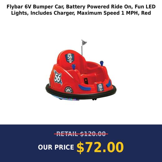 Flybar 6V Bumper Car, Battery Powered Ride On, Fun LED Lights, Includes Charger, Maximum Speed 1 MPH, Red