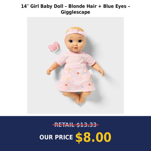 14″ Girl Baby Doll – Blonde Hair + Blue Eyes – Gigglescape