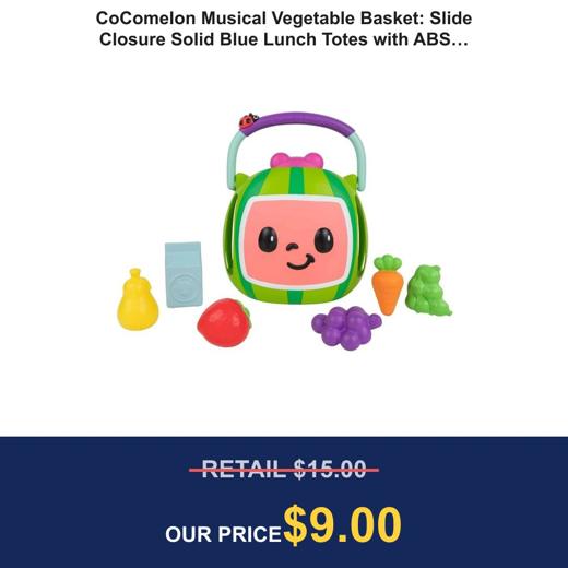 CoComelon Musical Vegetable Basket: Slide Closure Solid Blue Lunch Totes with ABS Material, Includes 2 Containers