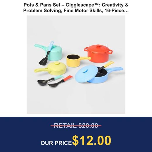 Pots & Pans Set – Gigglescape™: Creativity & Problem Solving, Fine Motor Skills, 16-Piece Plastic Set