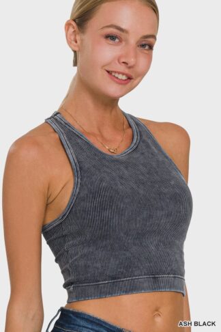Premium Washed Seamless High-Neck Crop Tank Ash Black