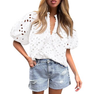 Women's Embroidered Eyelet Puff-Sleeve V-Neck Blouse, White M