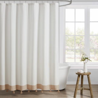 My Texas House Taupe Tassel Fabric Shower Curtain. Available