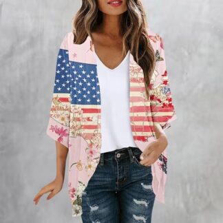 Xdegoge 4th of July USA Flag Kimono Cardigan for Women Navy Blue Butterfly Stars Graphic Open Front Lightweight Summer B