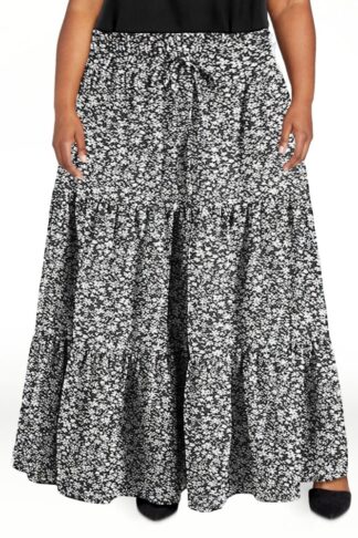 Horkkom Maxi Skirts for Women High Waist A Line Floral Skirts Summer Causal Pleated Skirts with Elastic Waist Drawstring