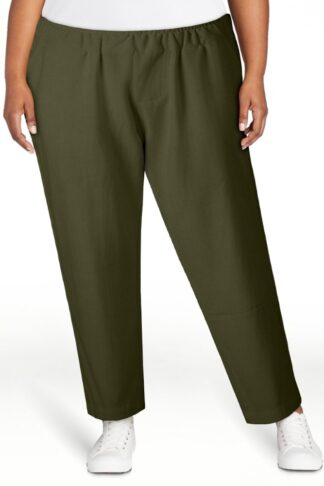 Miluxas Cotton Linen Pants for Women Solid Casual Elastic High Waisted Pull On Straight Leg Trousers with Pockets Army G