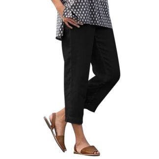 Miluxas Cotton Linen Pants for Women Solid Casual Elastic High Waisted Pull On Straight Leg Trousers with Pockets Black