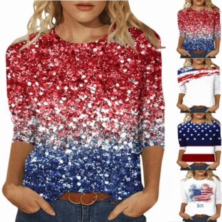 Fanxing Womens Retro 4th of July Shirts American Flag Parade Casual 3/4 Length Sleeve Tops Summer Patriotic Trendy Blous