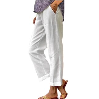 Xzbqbs Cropped Linen Pants Women Summer Petite Plus Size Capri Pants Elastic Wide Leg Crop Pants Beach Trousers with Poc