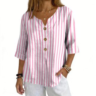 Women's Striped 3/4-Sleeve V-Neck Button Blouse, White M