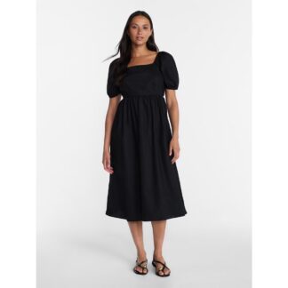 Time and Tru Women's Tie Back Cotton Midi Dress with Short Puff Sleeves, Sizes XS