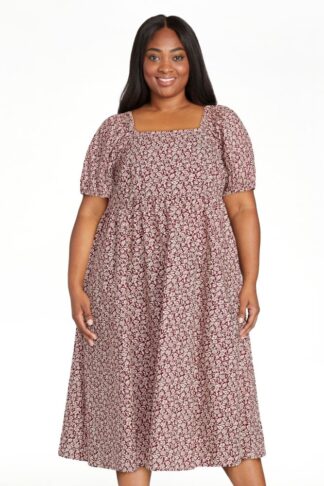 Time and Tru Women's and Women's Plus Cotton Back Tie Midi Dress with Short Puff Sleeves, Sizes XS-4X