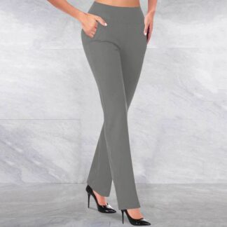 Oiangi Dress Pants for Women Straight Leg Elastic Waist Slacks Casual Office Work Pockets Trousers Gray S