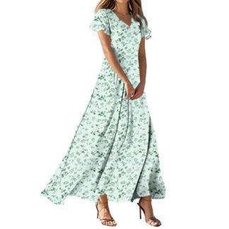 Enjoytime Women Summer Dresses Floral V-Neck Ruffle Short Sleeve Swing A Line Maxi Dress Elegant Flowy Boho Long Sundres