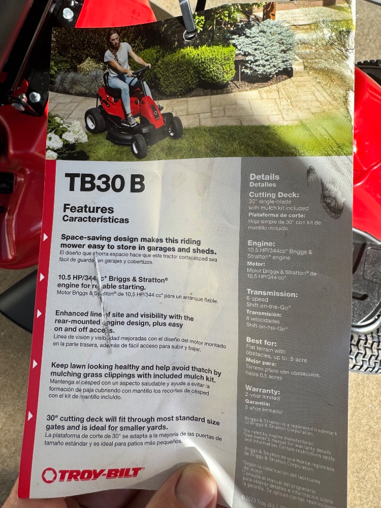 Troy-Bilt 344cc Compact Riding Gas Lawn Mower with Briggs & Stratton Engine TB30B - Image 2