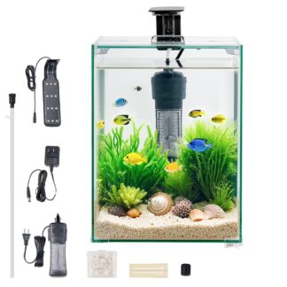 KFFKFF 5 Gallon Square Ultra-Clear Glass Aquarium with Adjustable 3-Color Lighting and Self-Cleaning System for Freshwater and Saltwater Fish