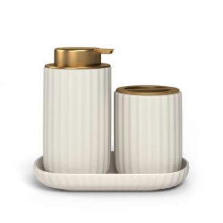 Beautiful Fluted Stoneware Bath Accessories 3-Piece Set by Drew Barrymore, Off White