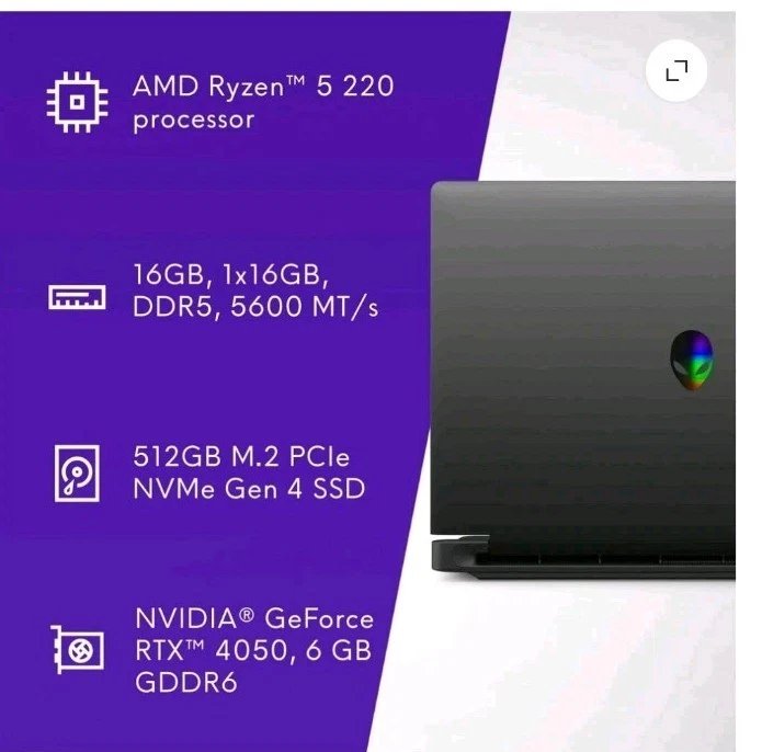 Alienware 15.3" WUXGA 165Hz Gaming AMD Ryzen 5 220 RTX 4050 GDDR6 16GB 512GB SSD - Image 13