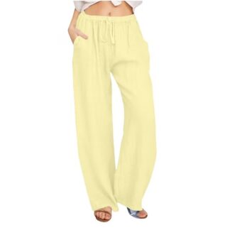 Otvok Women's Straight Leg Pants Solid Cotton Linen Drawstring Elastic Waist Long Wide Leg Pants Work Pants Wide Leg Pan