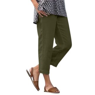 Miluxas Cotton Linen Pants for Women Solid Casual Elastic High Waisted Pull On Straight Leg Trousers with Pockets Army G