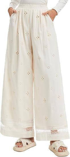 Women's Wide Leg Cotton Palazzo Pants with Eyelet Embroidery Elastic Waist Lace Trim