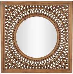 DecMode 40" x 40" Brown Wall Mirror with Carved Scroll Pattern