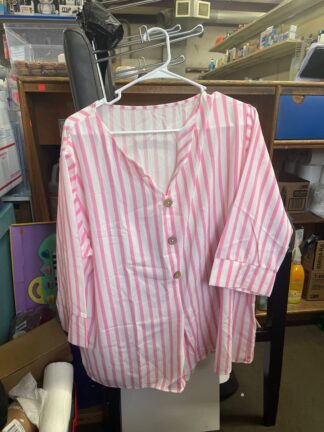 Women's Striped 3/4-Sleeve V-Neck Button Blouse, White M